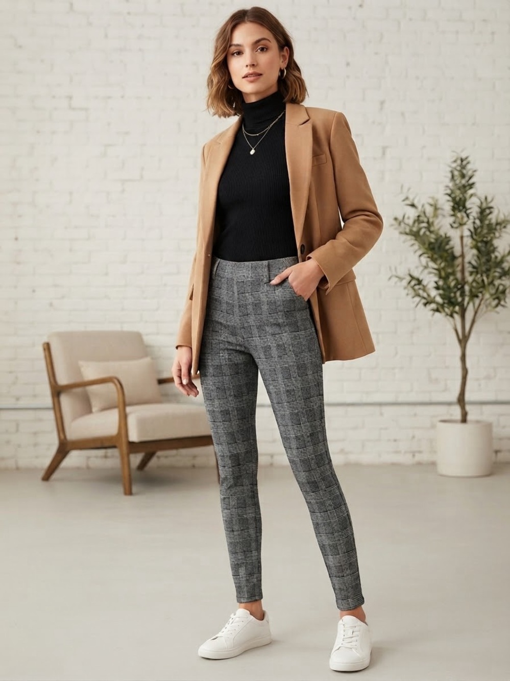 NWT Amazon Essentials Pull-On Skinny Pants Black White Glen Plaid Size M